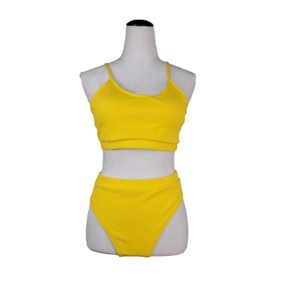 Bikini Set Yellow Ribbed Crop Top High Cut Bottom Size Large